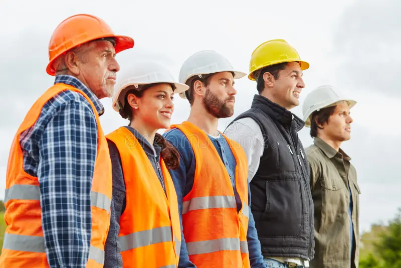 Construction workers in hard hats, representing Upper 90 Solutions' reliable hauling and moving services.